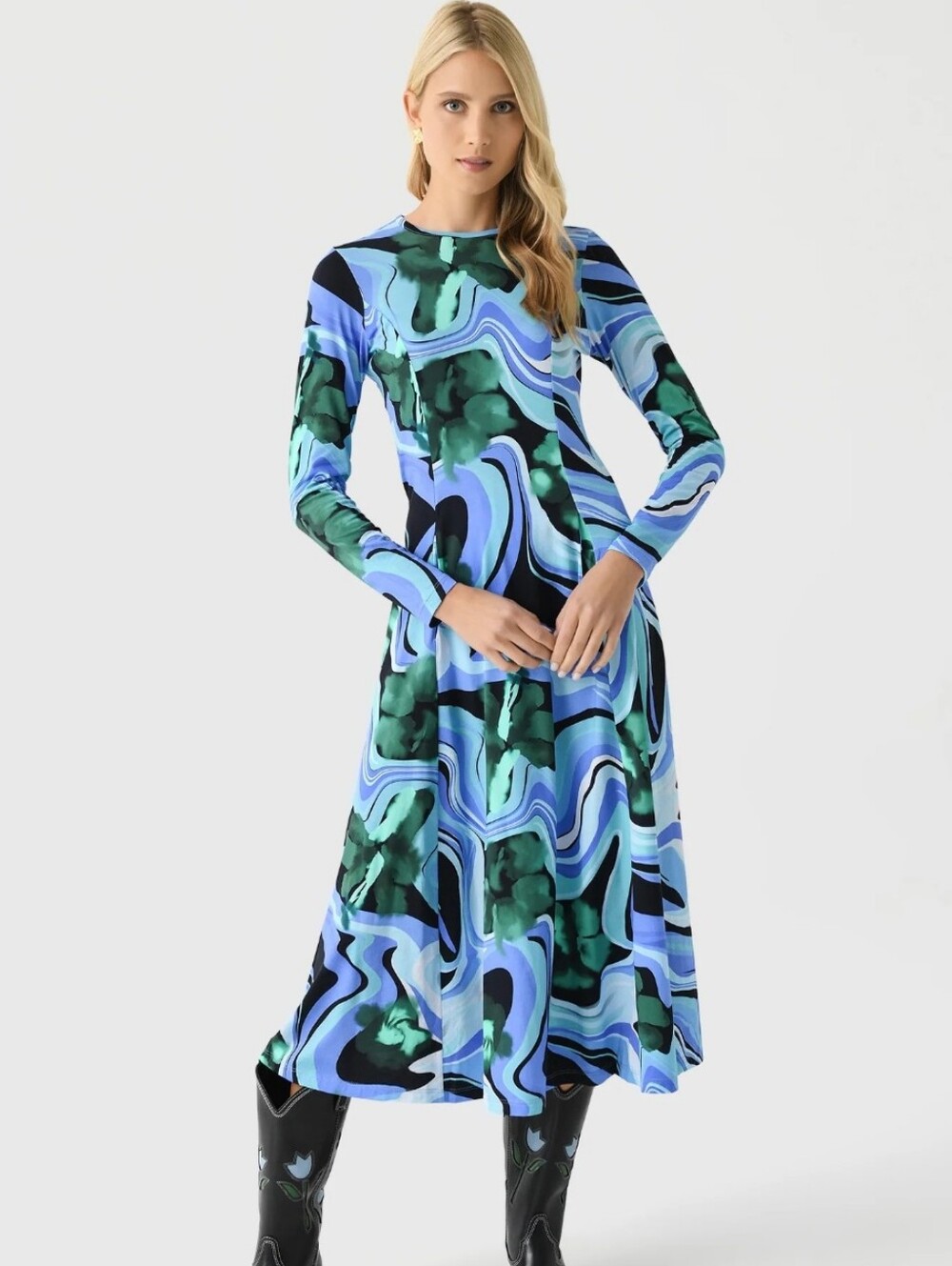NWOT De Loreta Nono Blue Green Abstract Psychadelic Print Long Sleeve Midi Dress